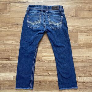 BKE 26 Stella Embroidered Straight Cropped Denim Raw Hem 24” Blue Jeans Western